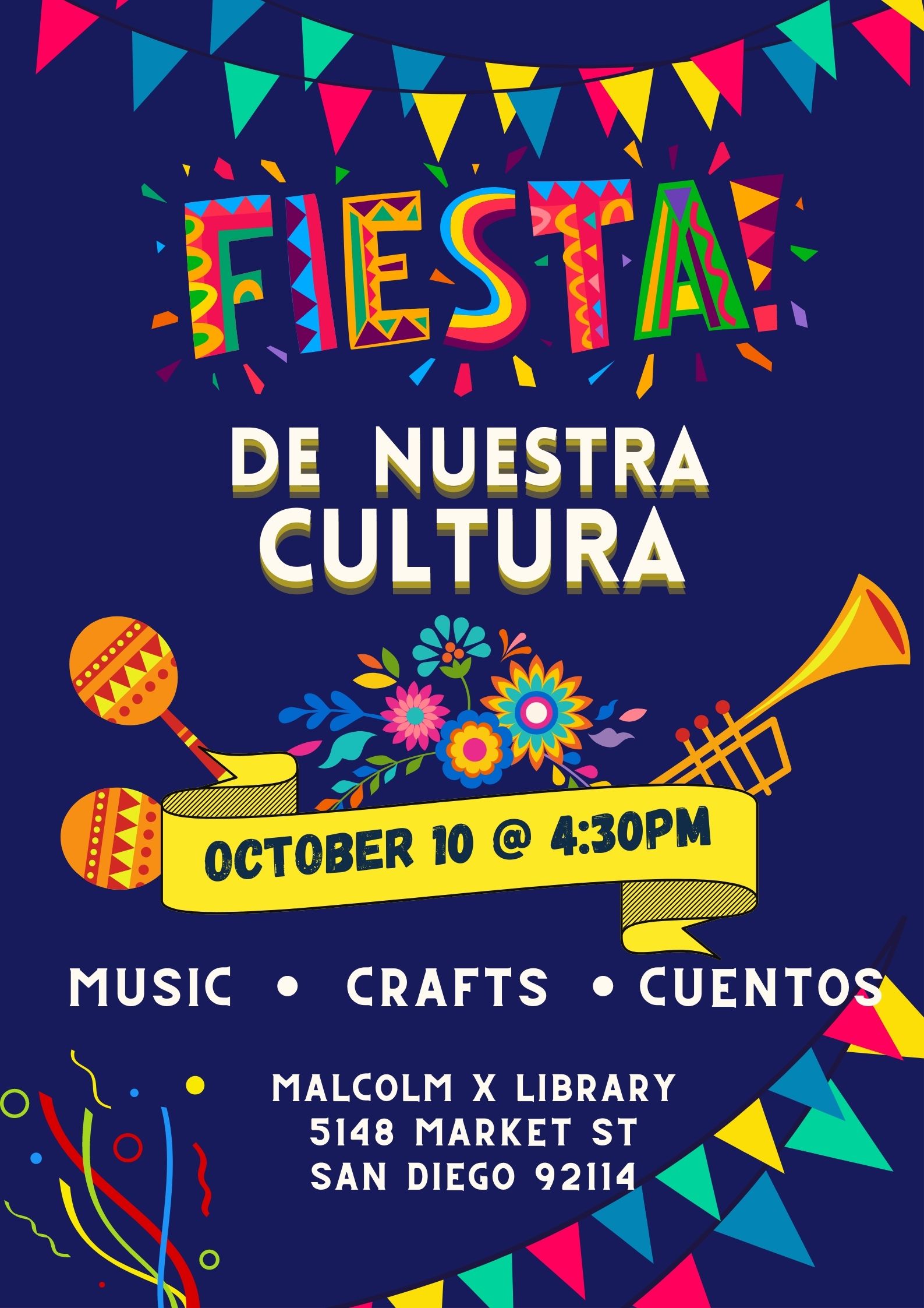 Purple Fiesta flyer with maracas and instruments 