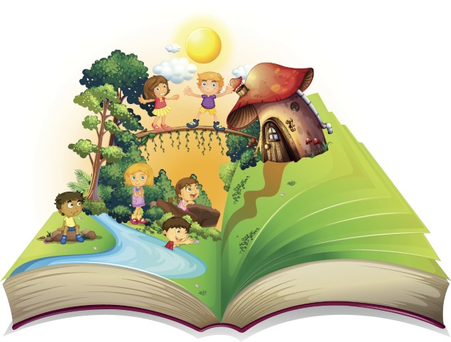Children playing in book