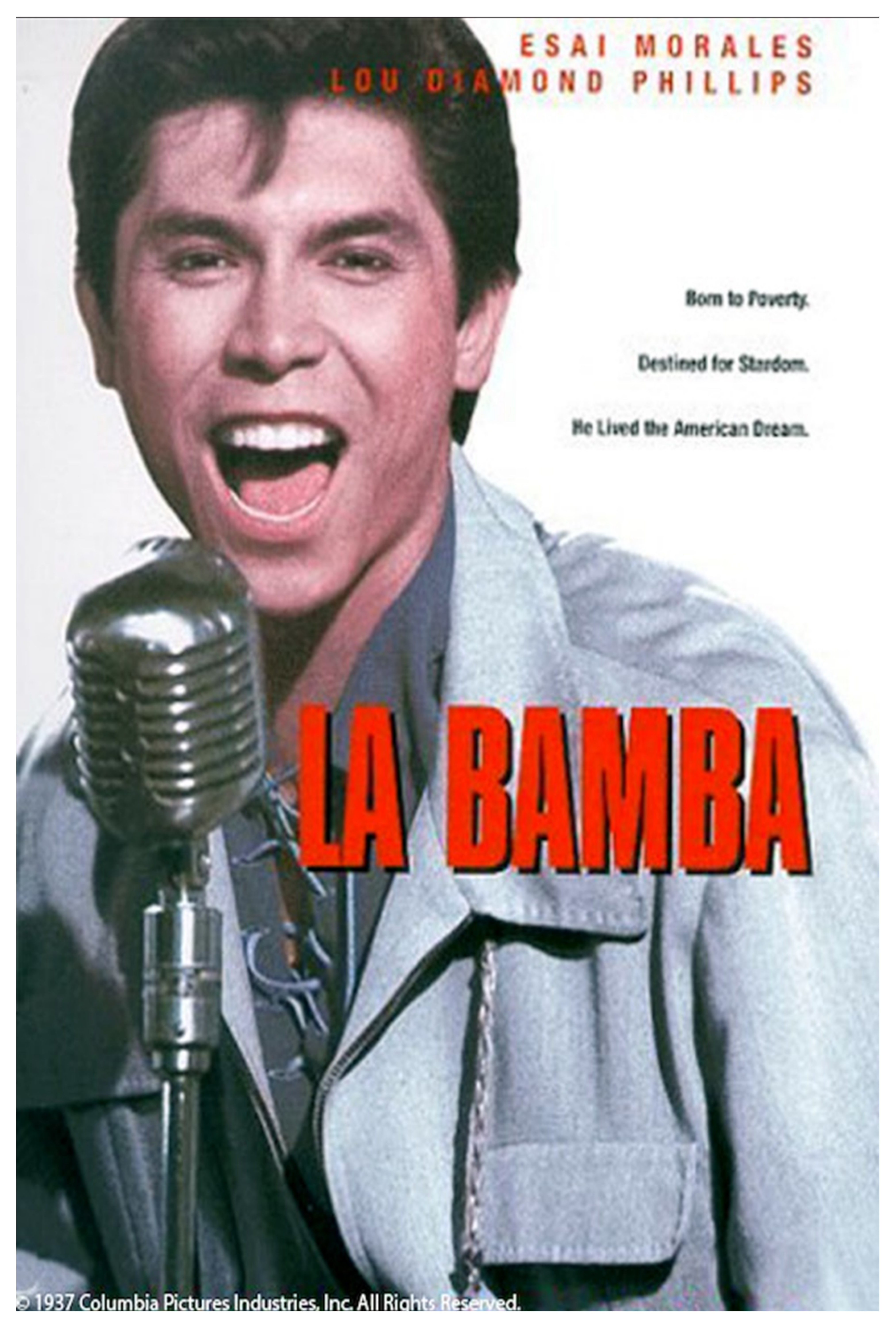Film poster for La Bamba with red lettering on a white background and image of Lou Diamond Phillips as Ritchie Valens  singing.