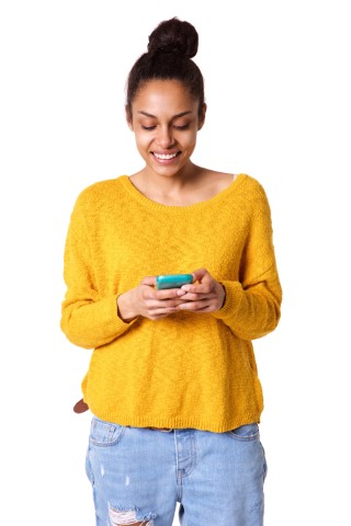 woman, smiling, texting