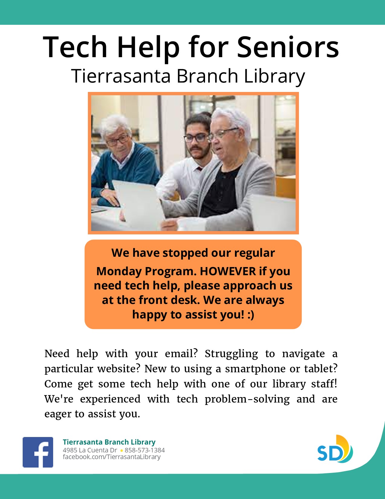 flyer with the image of older gentlemen around a laptop at a table talking