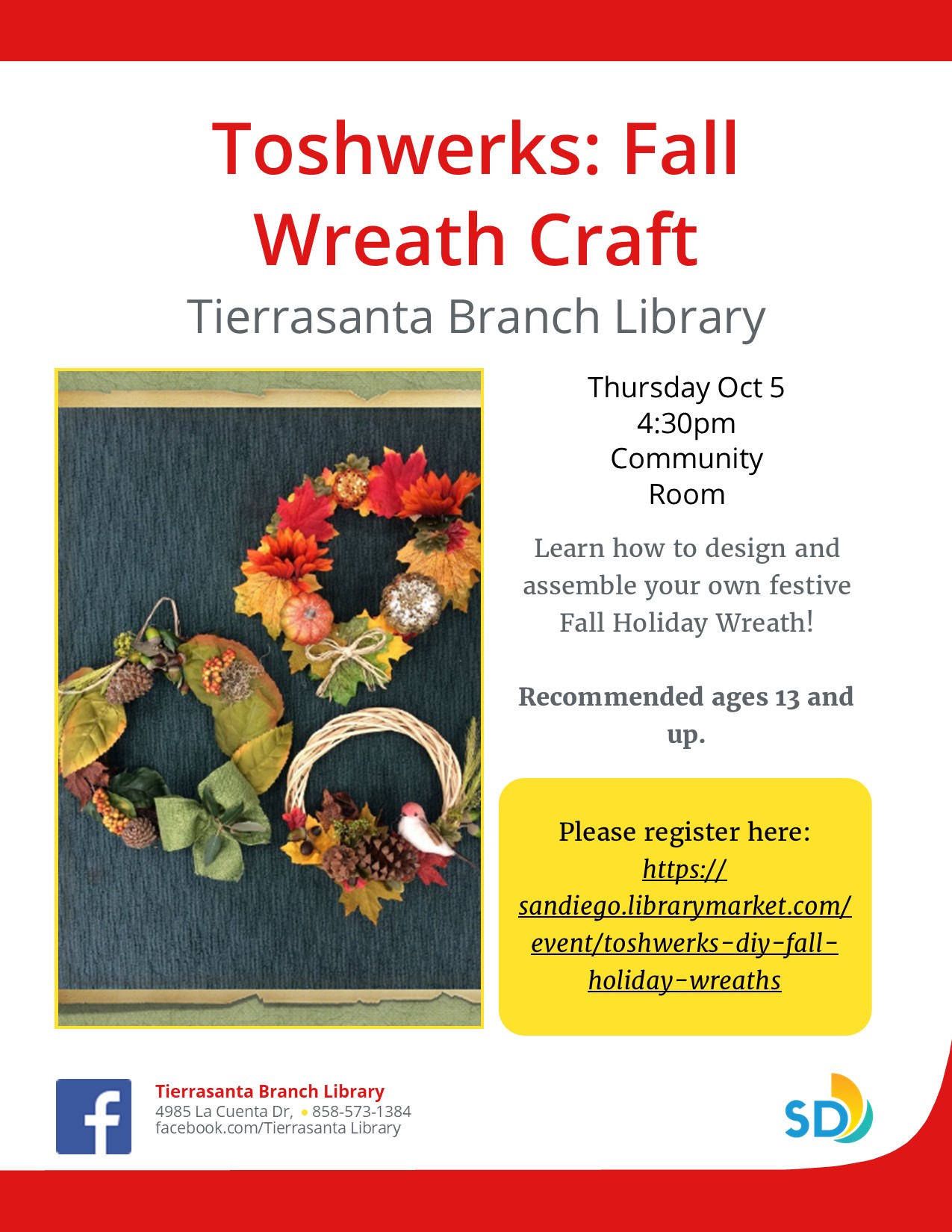 Flyer with image of colorful decorative wreath with lots of reds and yellows