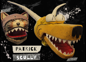 Digital collage of two puppet heads, “Vato Gato,” and “Mangey Mousegoat,” created by artist Patrick Scully.