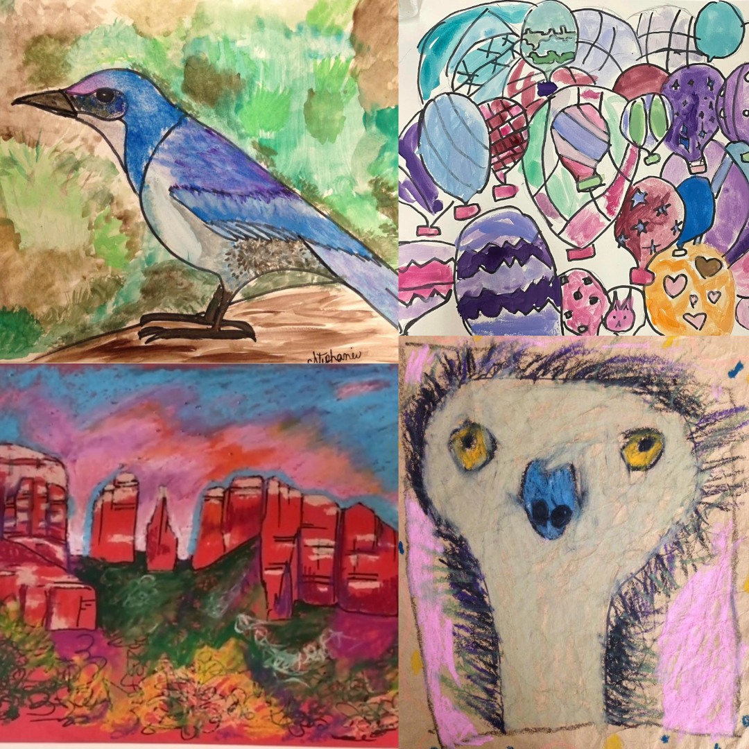 4 different pieces of children art including a drawing of a bird, an ostrich, hot air balloons, and a landscape