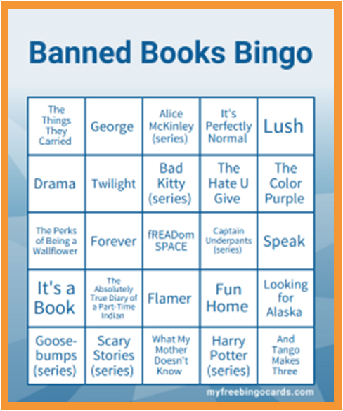 Bingo Card featuring titles of books that have been banned or challenged