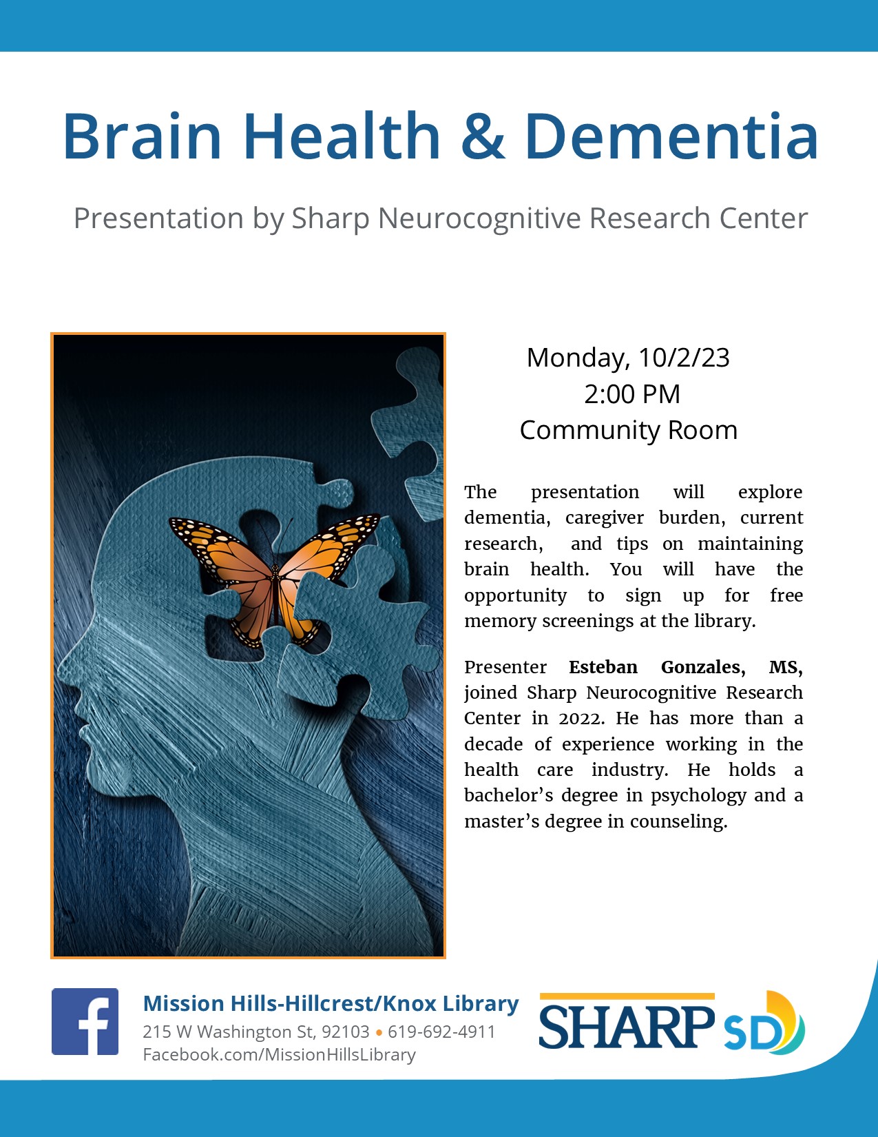 Flyer with description of program and image of head with puzzle pieces and butterfly