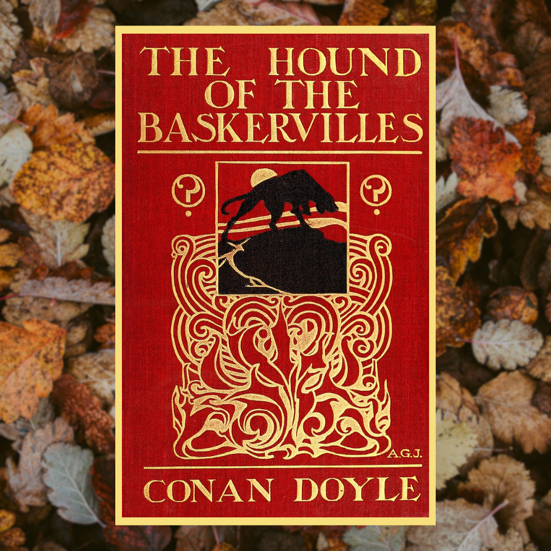 A red book cover that reads, "The Hound of the Baskervilles/Conan Doyle". It shows a black silhouette of a dog.