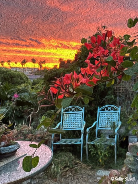 Painting of an edible landscaped garden with two empty chairs in the foreground with palm trees, an ocean view and orange sunset in the background.
