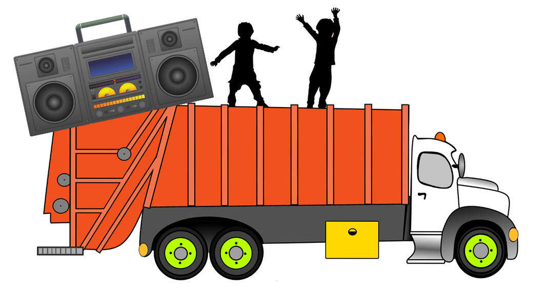 Trash truck with a boom box and silhouettes of kids dancing on top of the truck.