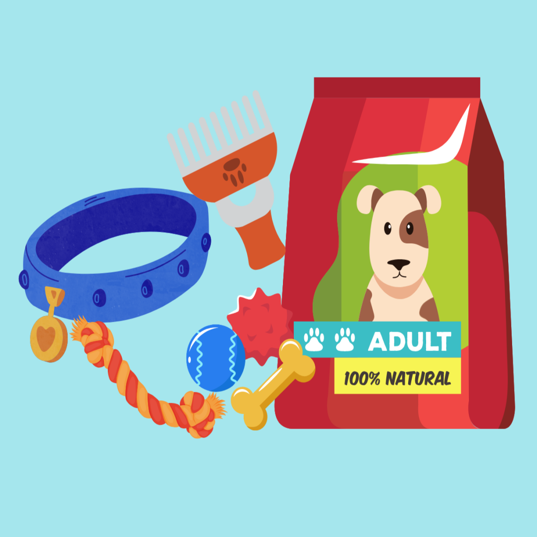 Cartoon image of dog supplies, including a bag of dog food, a collar, and dog toys
