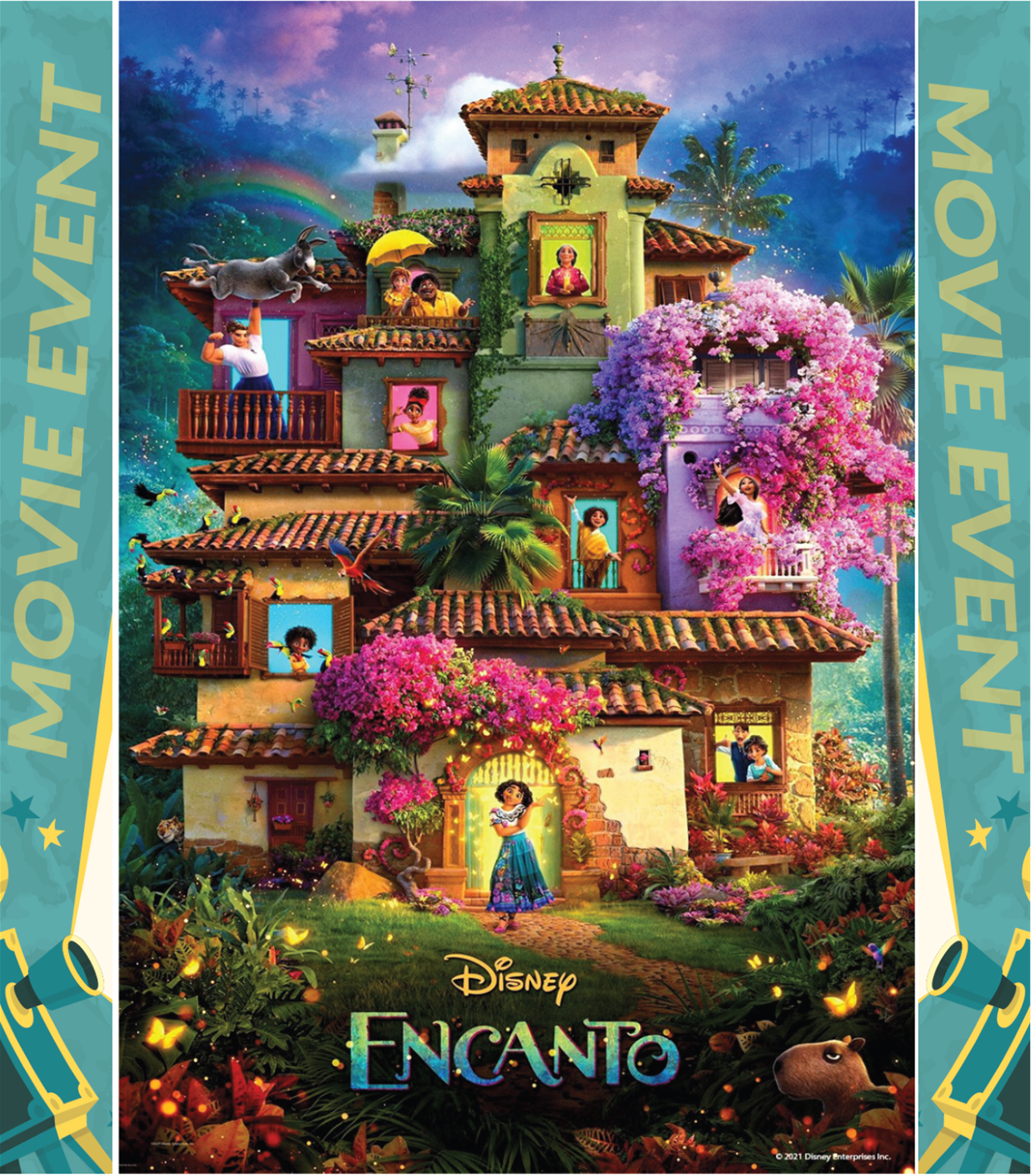 Encanto movie poster showing a fantastical multistory home with flowers growing over it