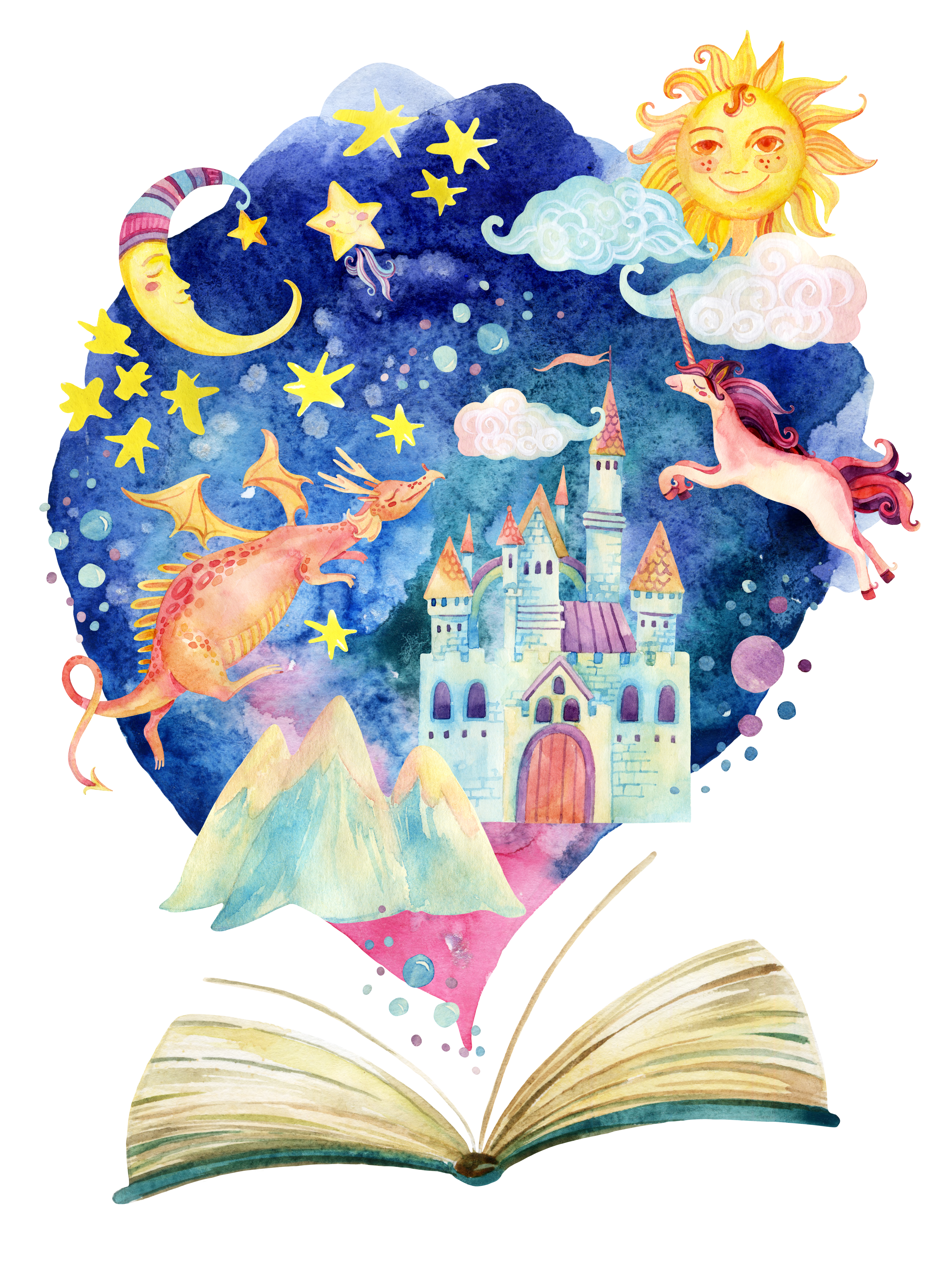 A moon, stars, sun, dragon, unicorn, mountain, and castle floating above an open book.