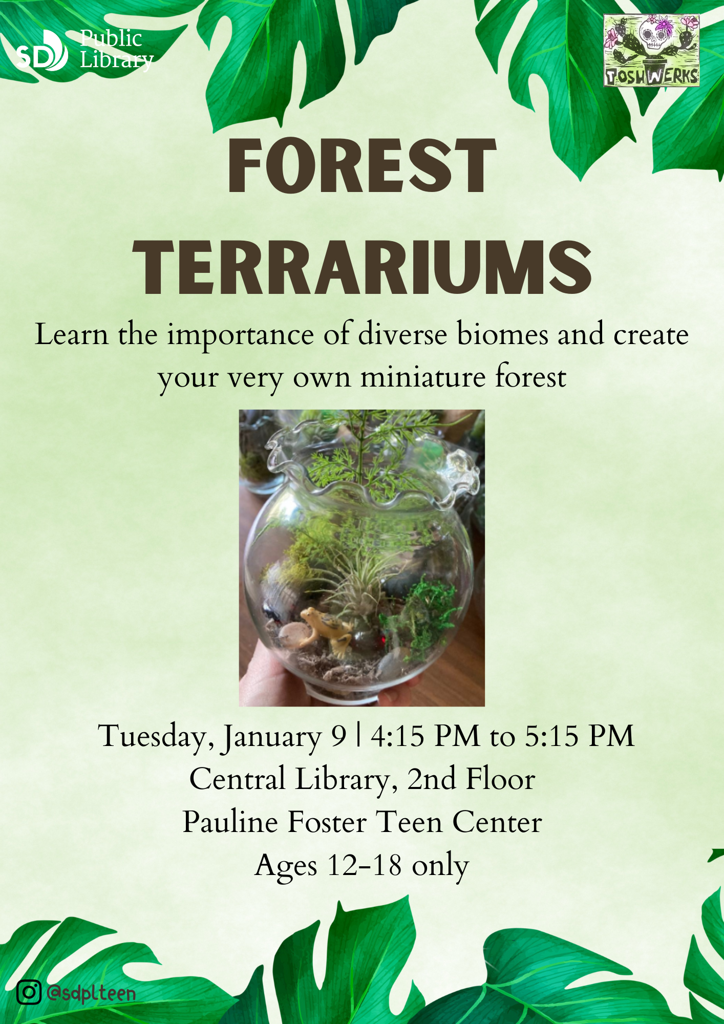 Forest Terrariums. Learn the importance of diverse biomes and create your very own miniature forest. Tuesday, January 9, 4:15 PM to 5:15 PM. Central Library, 2nd Floor Pauline Foster Teen Center. Ages 12-18 only