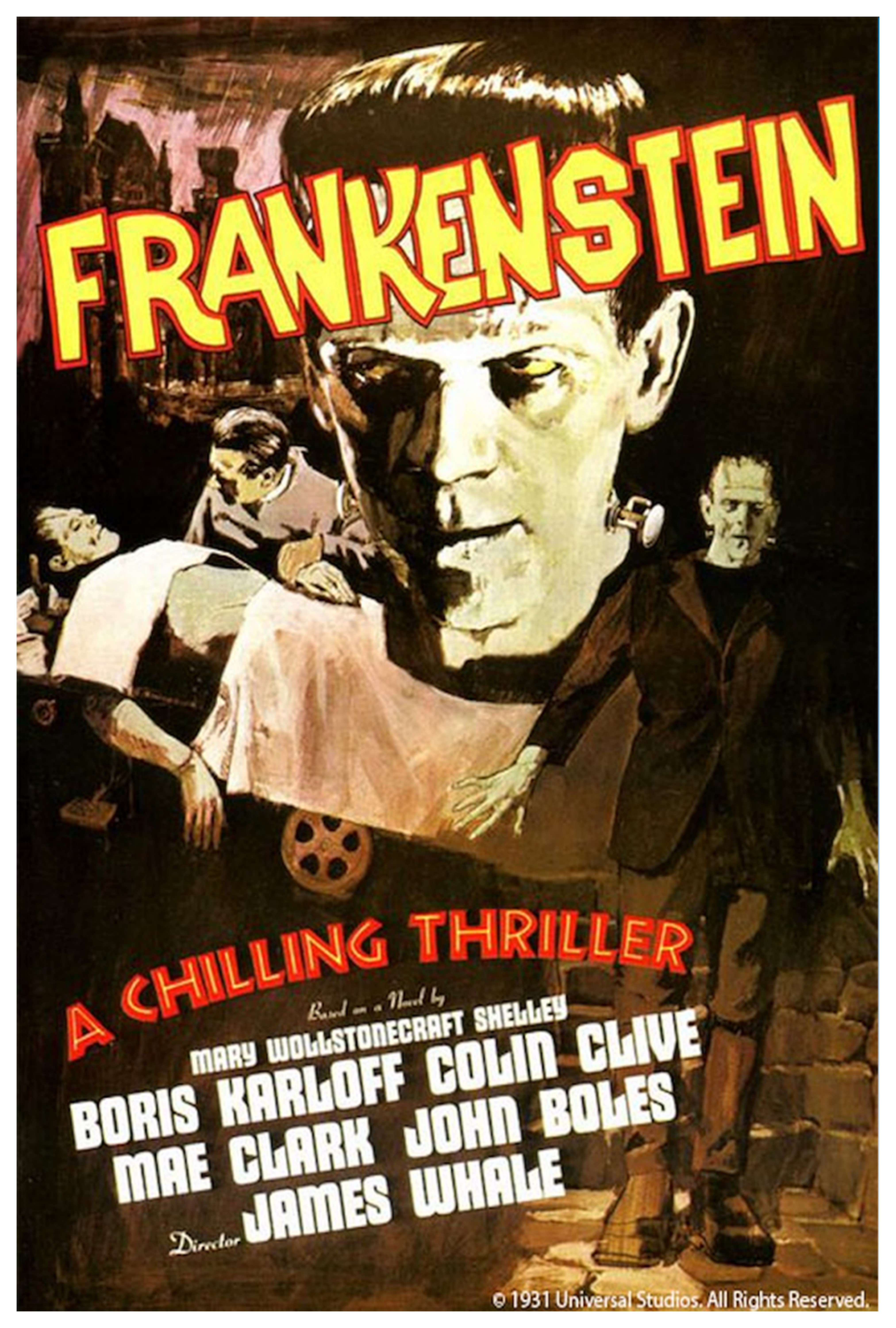 Film poster for Frankenstein featuring yellow, red, and white texts on a dark background, including an image of Frankenstein's monster peering out at the viewer.