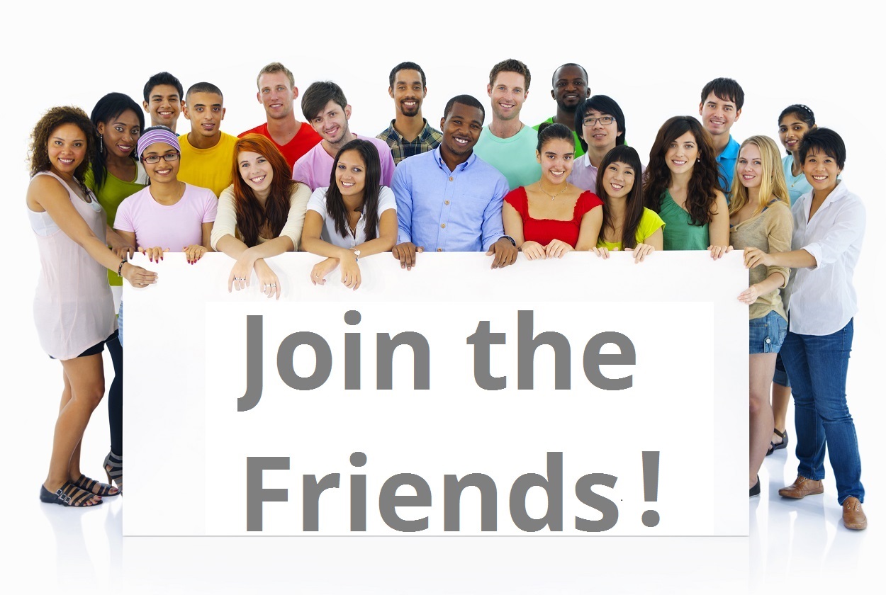 Photo of people surrounding a "Join the friends" sign.