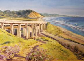 Painting of a bridge by the coastline by an artist from the La Jolla Arts Association.