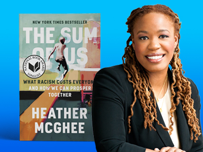 Heather McGhee smiles in front of a copy of The Sum of Us, which features an abstract watercolor illustration of a Black child jumping into a pool. Ombre blue background.