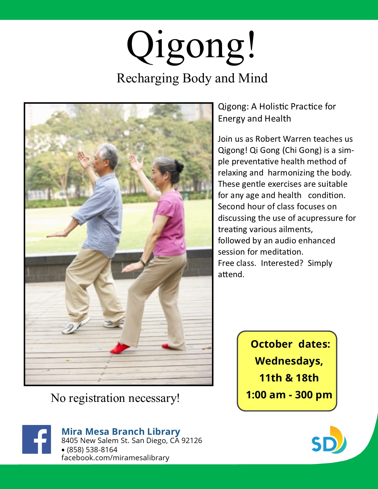Qigong flyer with older couple exercising showing movement