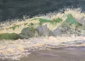 A painting of waves crashing over rocks on the shore by artist Doris Bertch.