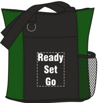Green and Black backpack with white letters reading, Ready, Set, Go