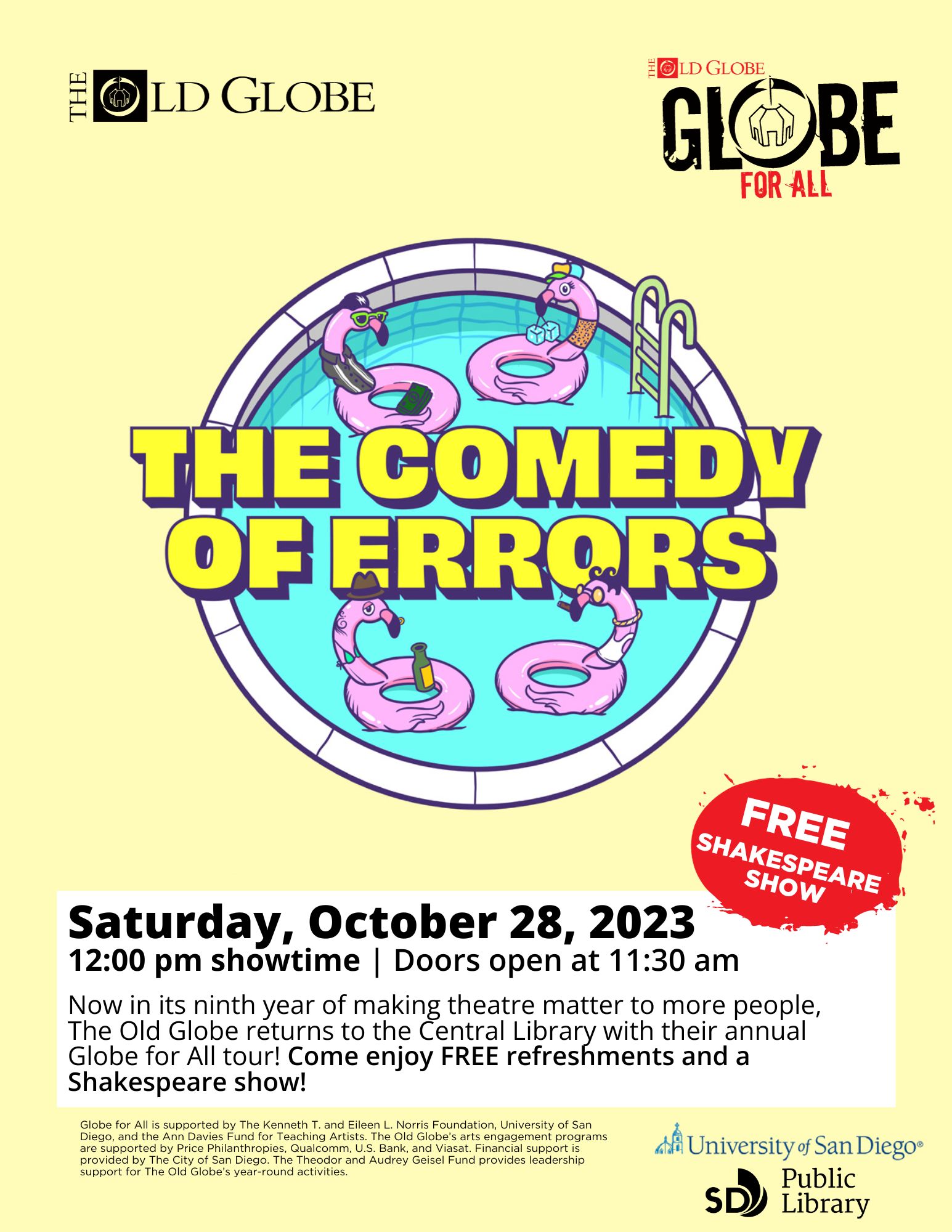 Flyer with event details featuring a light yellow background with flamingoes floating on inflatable rings in a swimming pool.