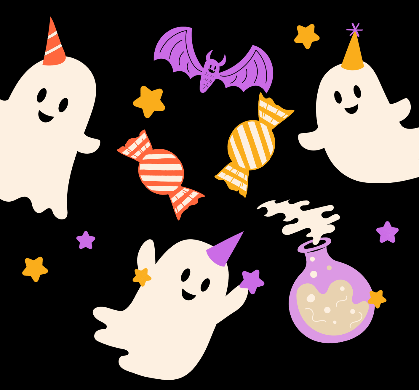 Cartoon ghosts with party hats float amid a bat, a cauldron, and wrapped candies against a black background