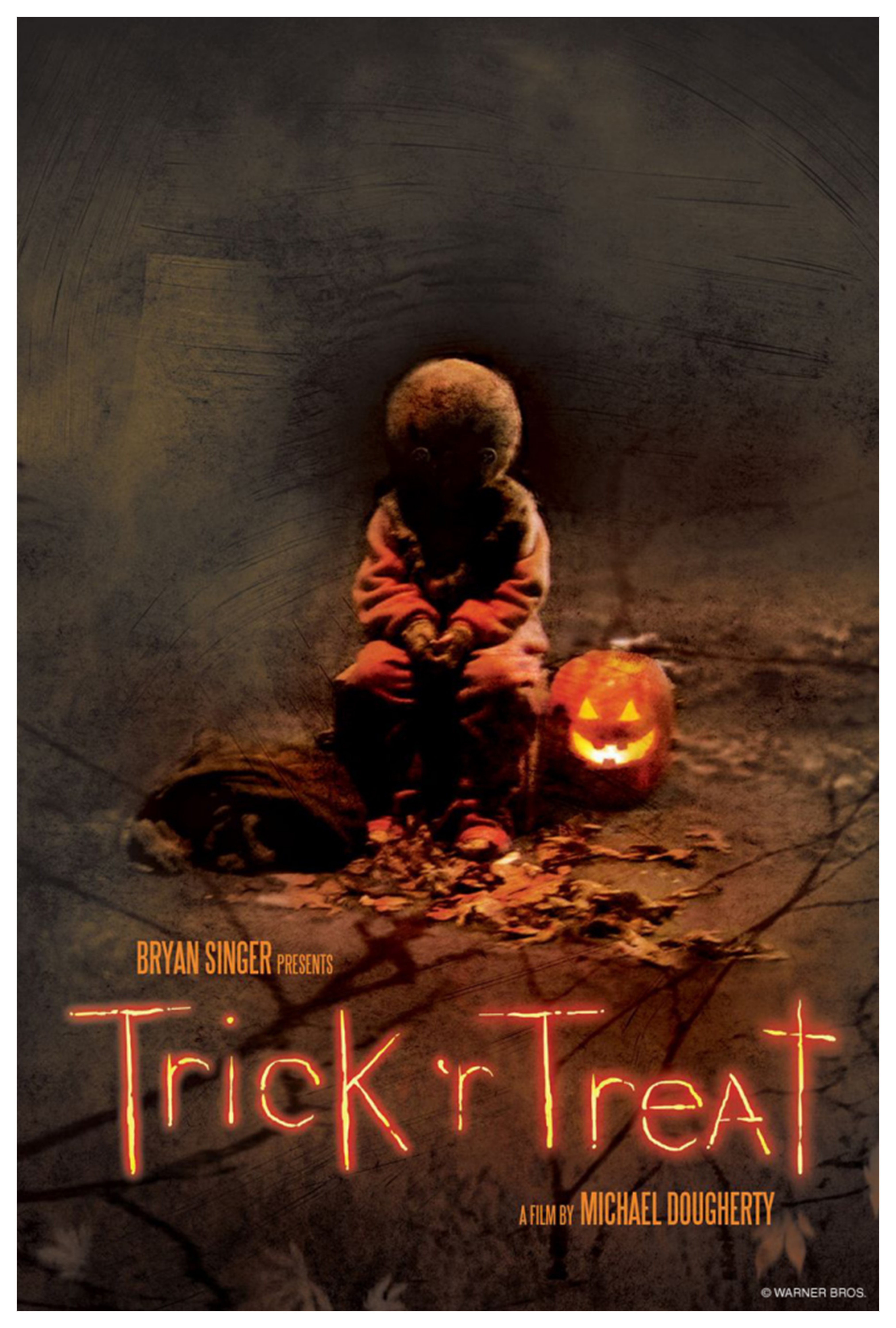Film poster for Trick 'r Treat featuring orange letters on a dark background with the image of a faceless figure seated next to a glowing jack 'o lantern.