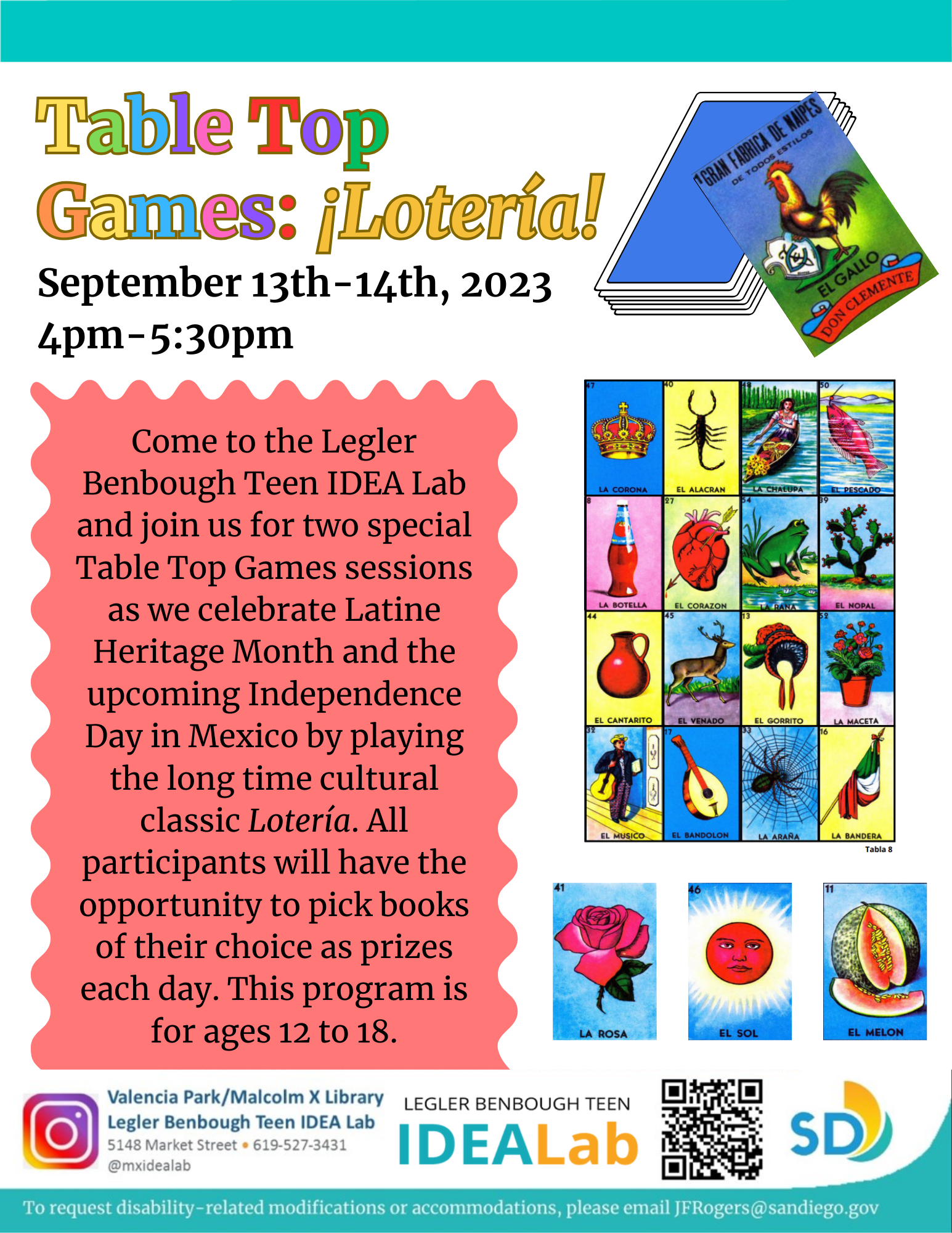 Flyer advertising a special Table Top Games program for Latine Heritage month to play Loteria.