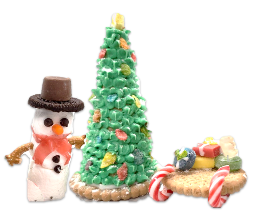 A marshmallow snowman, cookie Christmas Tree, and sled made from crackers.
