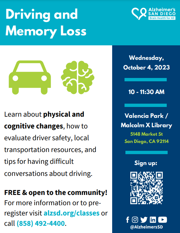 Text reading "Driving and Memory Loss" and Alzheimer's San Diego logo in a color block above icons of a car and a brain program description and logistics.