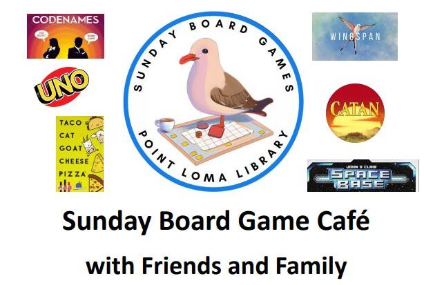 Board game cafe logo features a seagull standing on a board game with a cup of coffee, surrounded by the title of board games such as Settlers of Catan, Codewords, Uno, and Wingspan