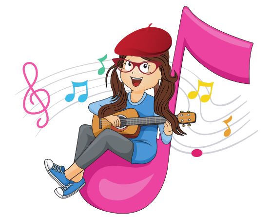 woman sitting on music note with ukelele