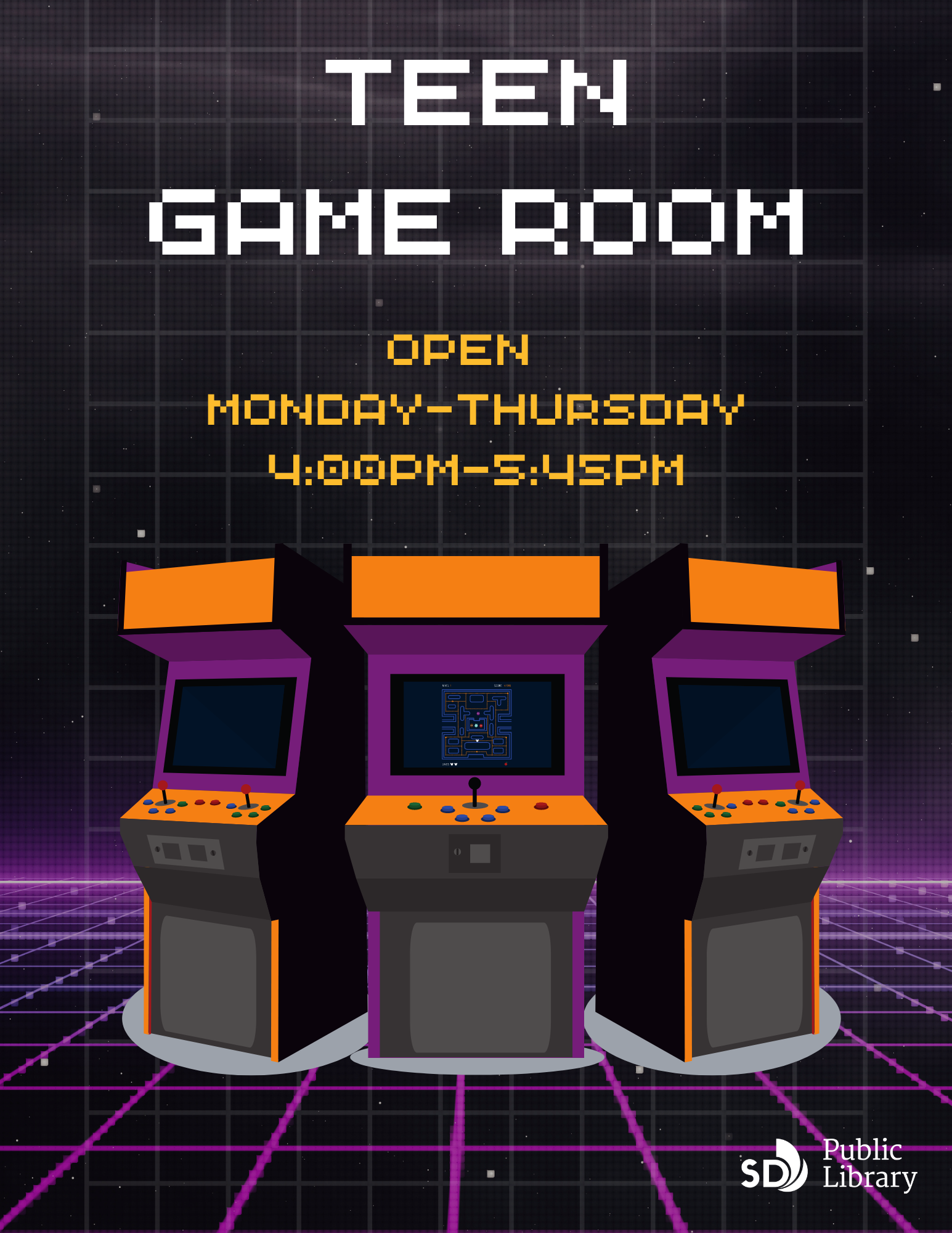 Teen Game Room. Open Monday-Thursday, 4pm-5:45pm.