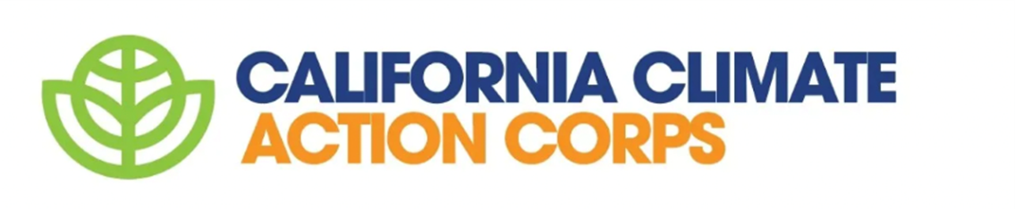 California Climate Action Corps Logo, green plant graphic with dark blue and orange text