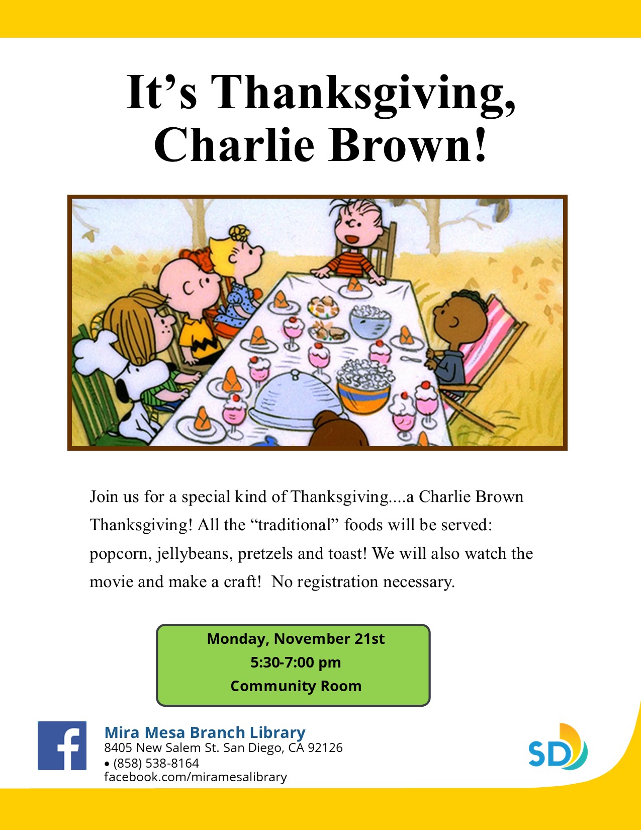 Charlie Brown characters sitting at Thanksgiving table.