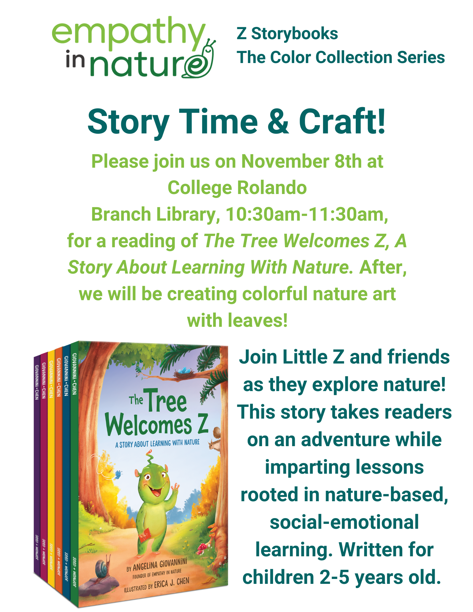 Empathy In Nature (EIN) Storytime & Craft: learn about nature and work on a colorful nature art craft. 