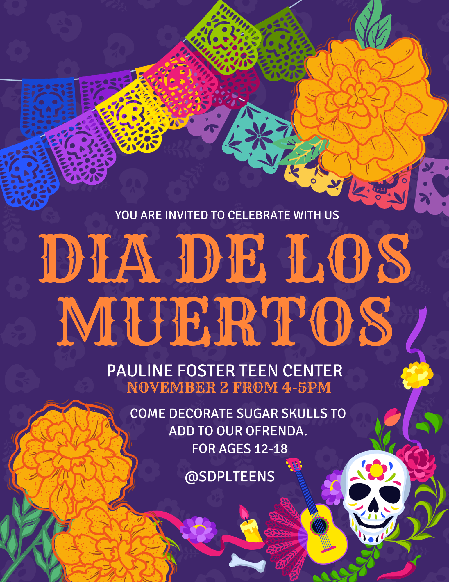 Flyer listing the details to the event with flowers and Day of the Dead painted skull.