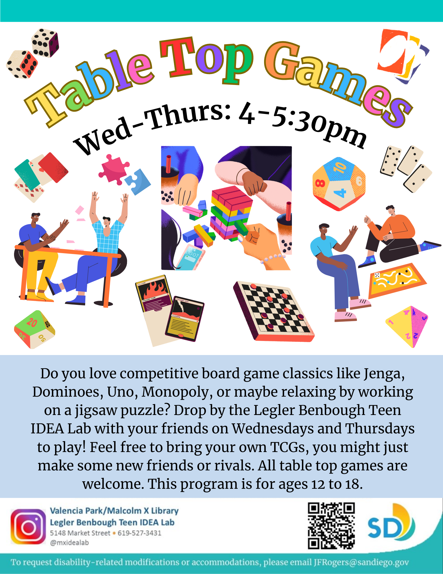 Flyer for Table Top Games. Images of jigsaw puzzle pieces, dice, uno cards, dominoes, checkerboard, and people playing board games.