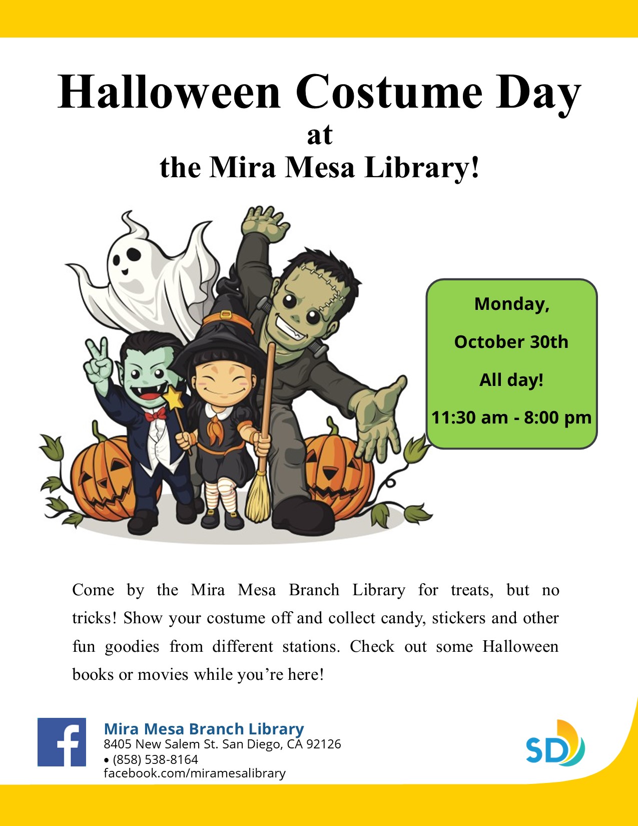 Illustration of children dressed in Halloween costumes on flyer promoting information about the program.