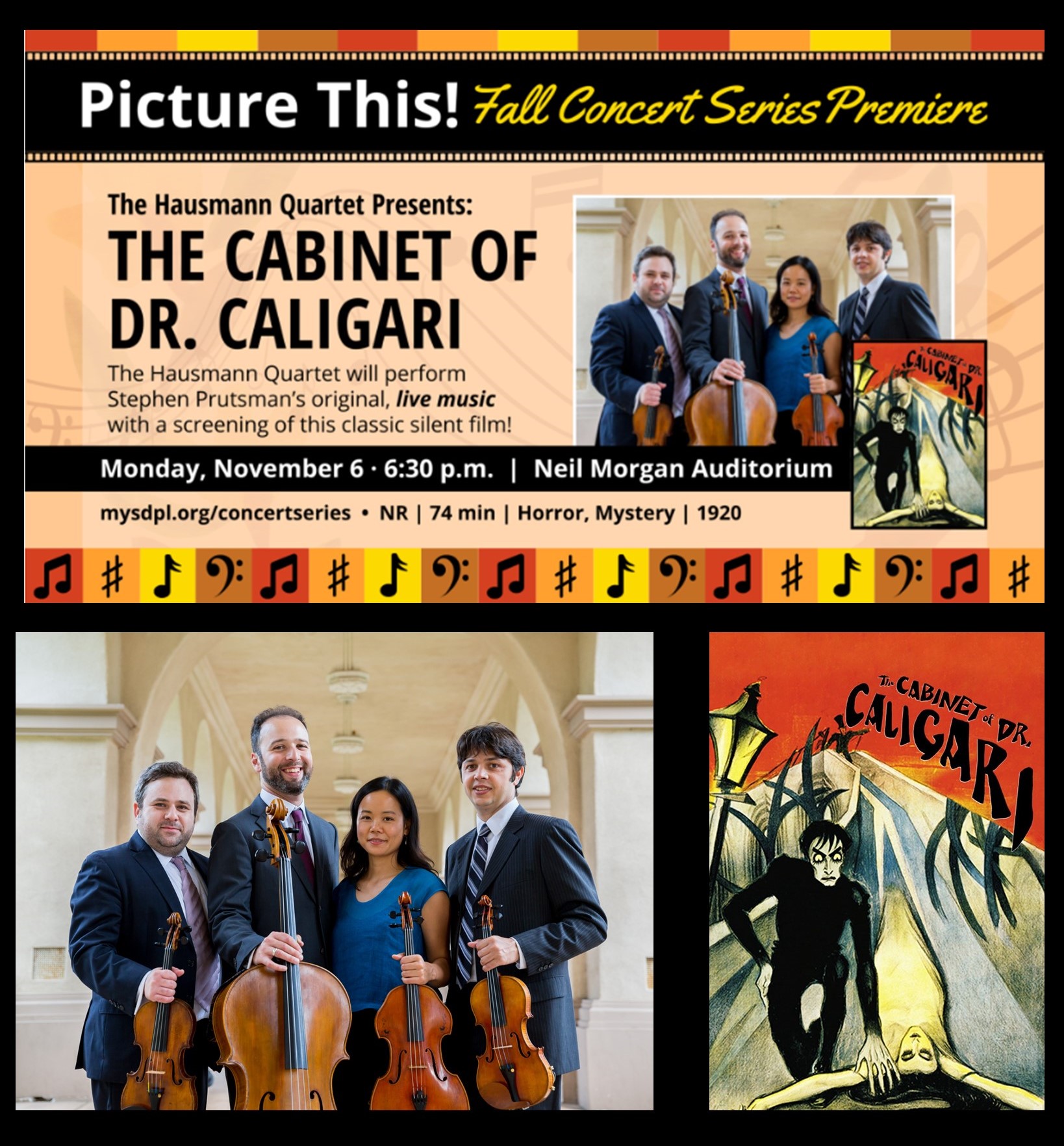 images of the concert poster, Hausmann Quartet press photo, and film poster