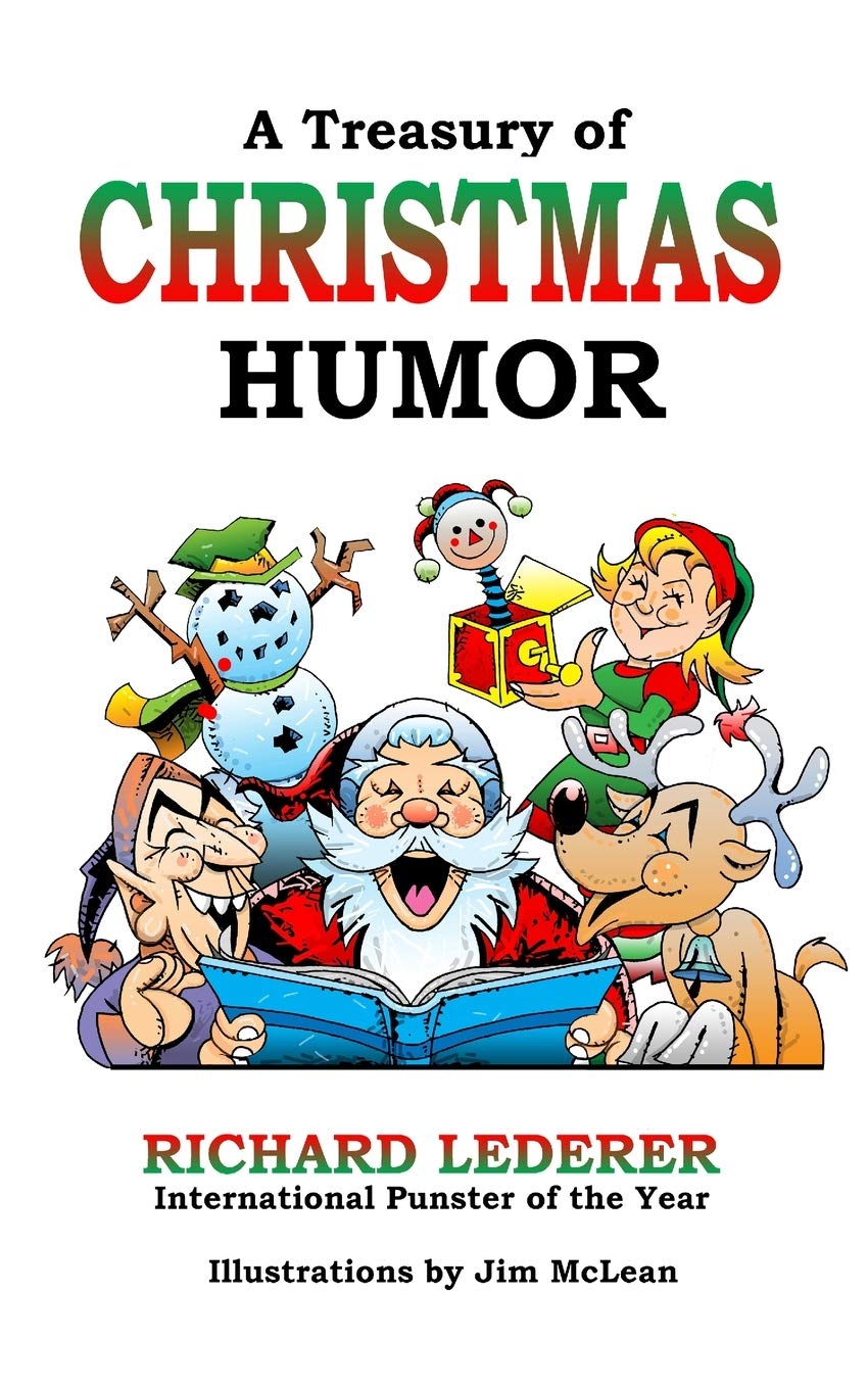 Book cover for A Treasury of Christmas Humor by Richard Lederer with images of Santa, elves, reindeer, snowman