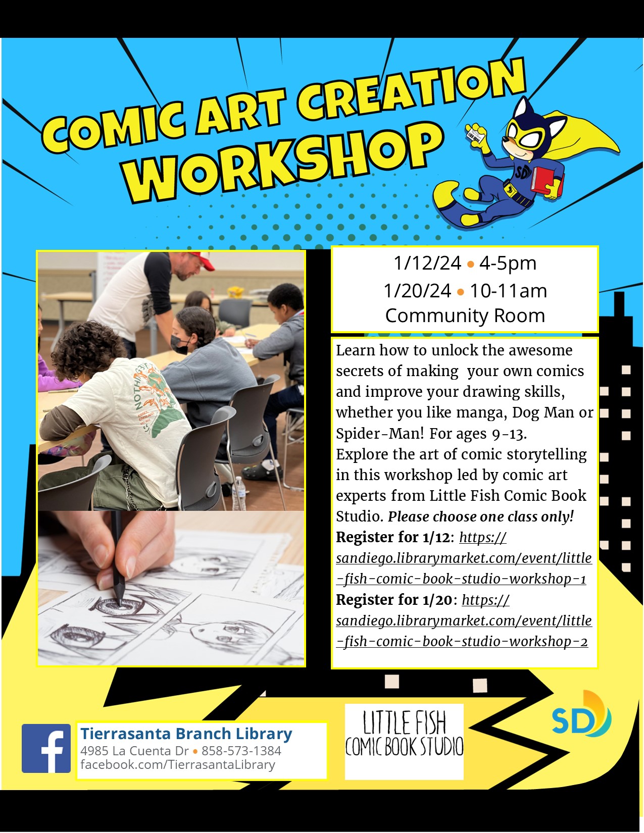 Flyer with ODI the Coyote as a comic book super hero and kids drawing