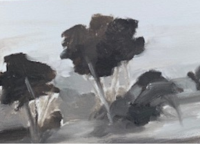 Painting of a grey-tone landscape by artist Christy Ross.
