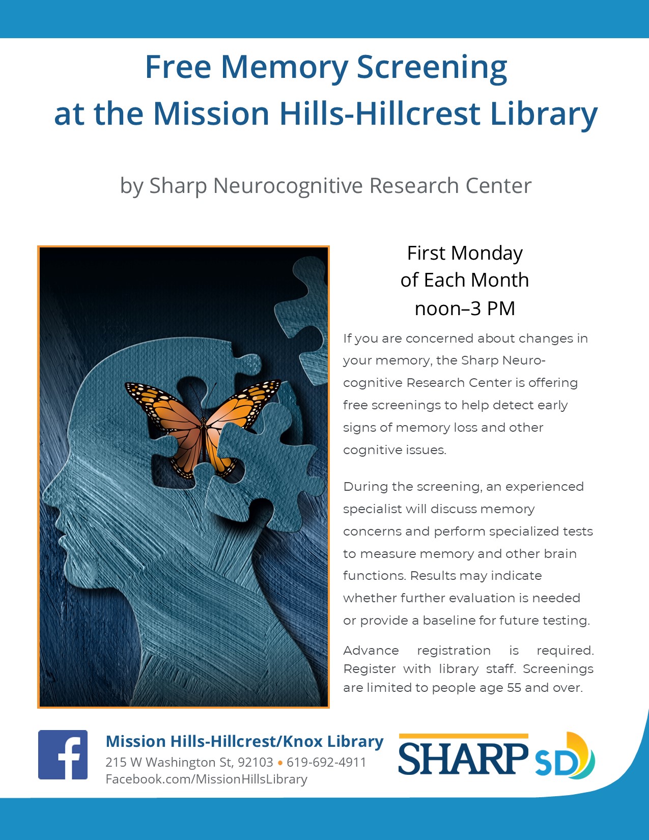 Flyer with information on memory screenings, including illustration of head and butterfly