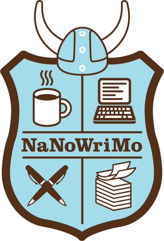 NaNoWriMo logo: a shield-like crest with 4 quadrants: coffee cup, laptop, pens crossed, and a stack of paper
