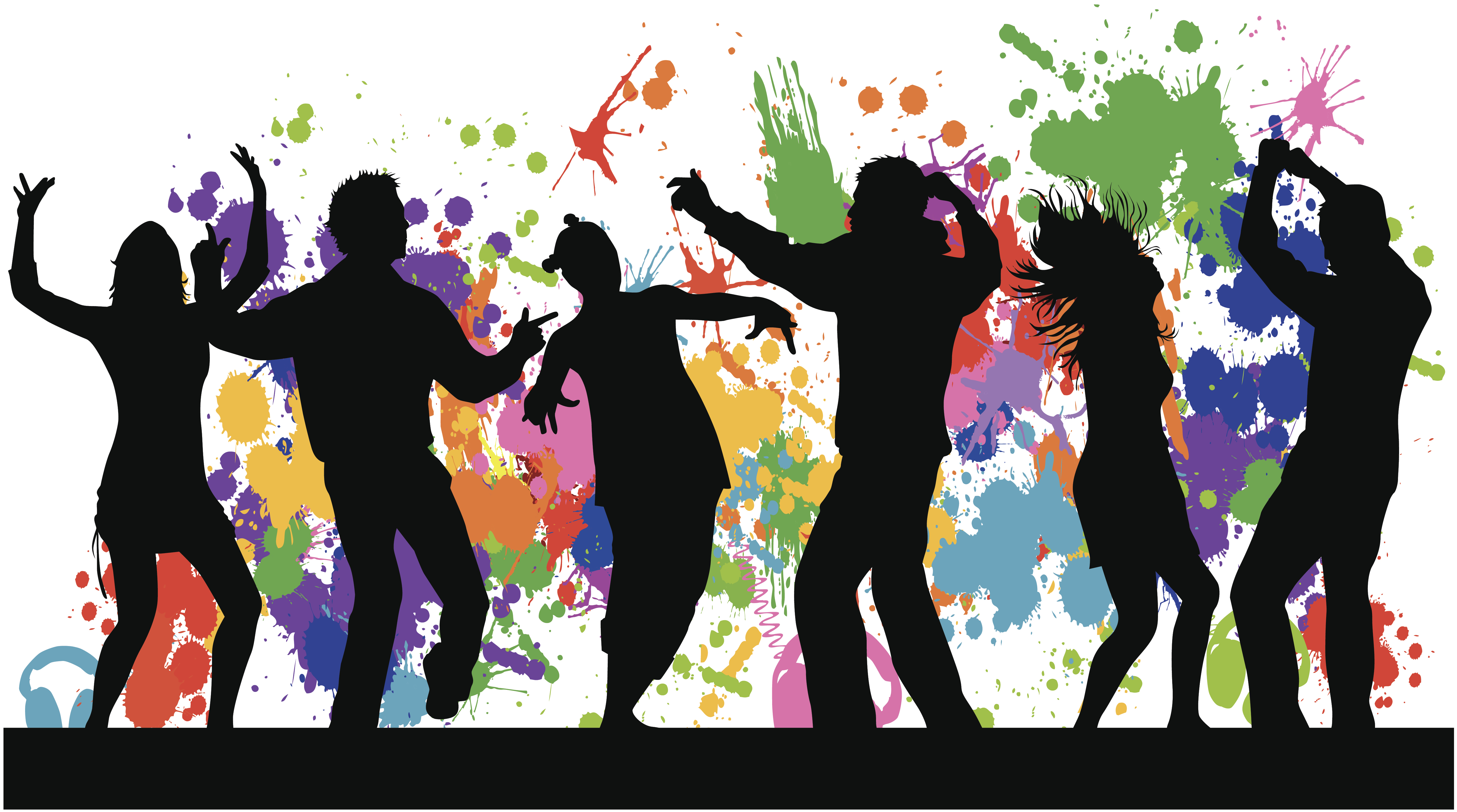 Black silhouettes of people dancing and splash of colors behind them