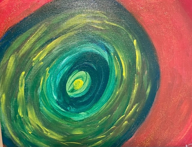 Painting with green circle on a red background