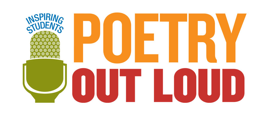 Poetry Out Loud Logo, text in orange and red with a green microphone