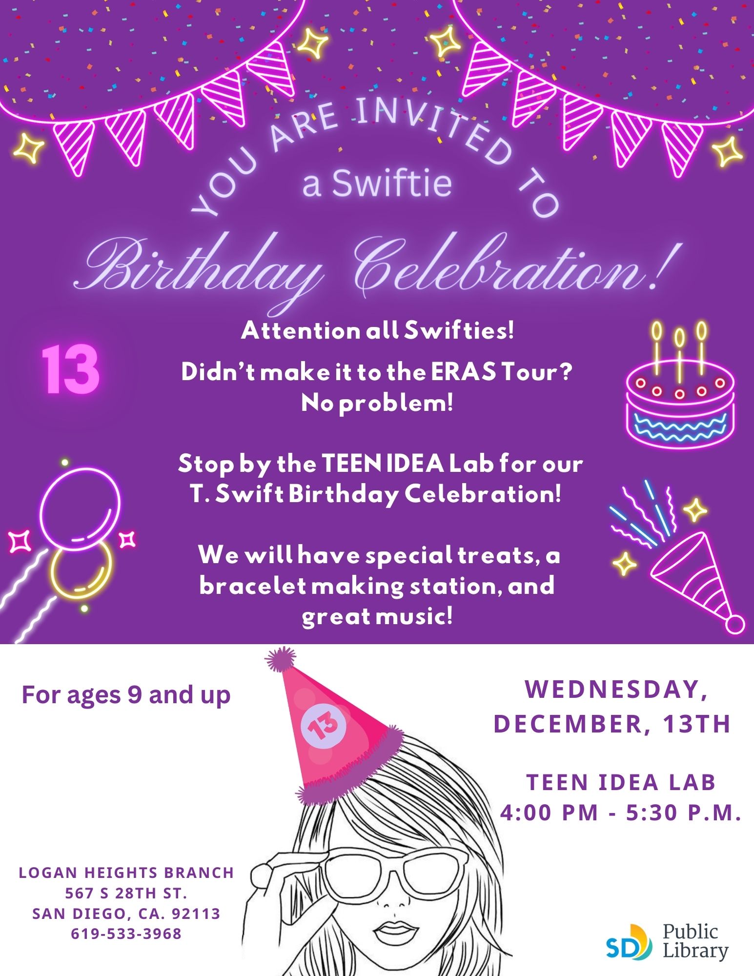 birthday banner, balloons, cake, confetti, girl with birthday hat