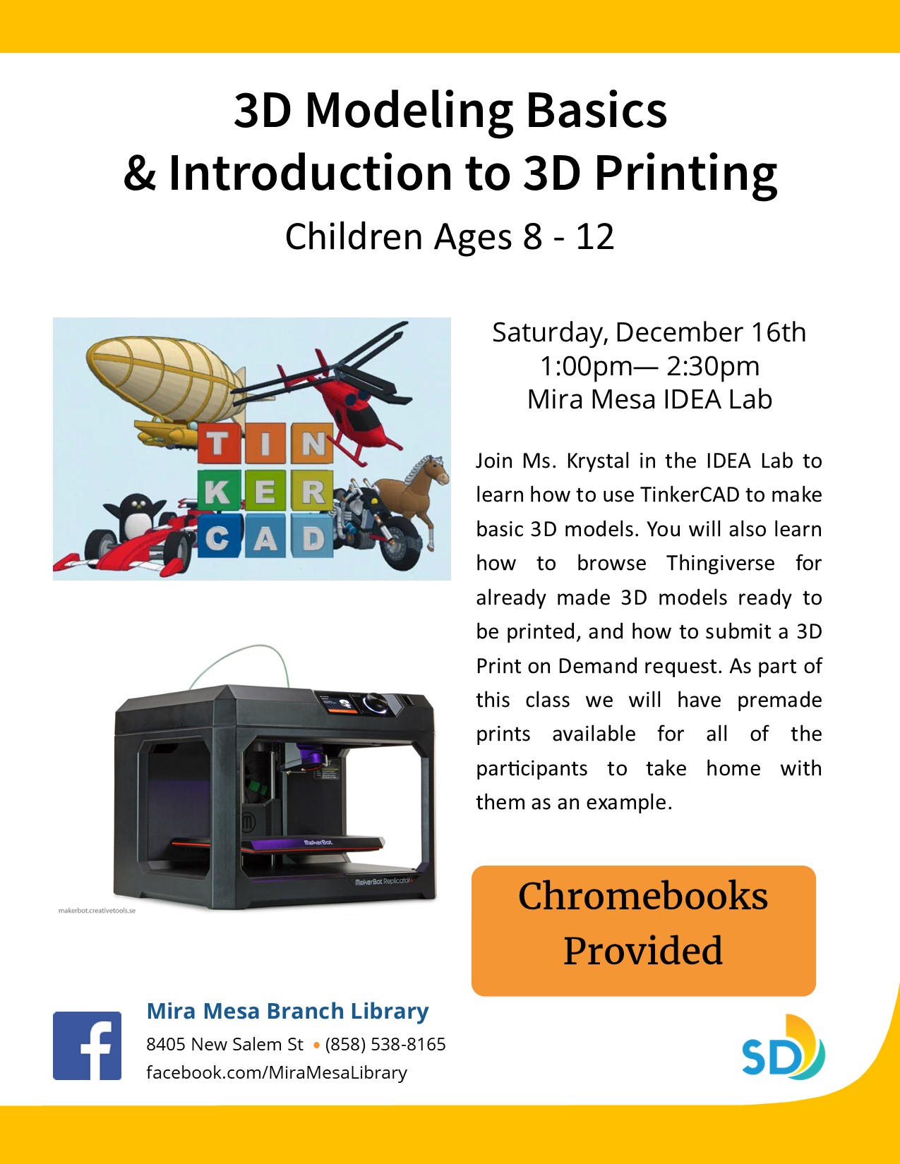 3D printer and colorful images of horse, motorcycle, airship, penguins and blocks that spell Tinkercad